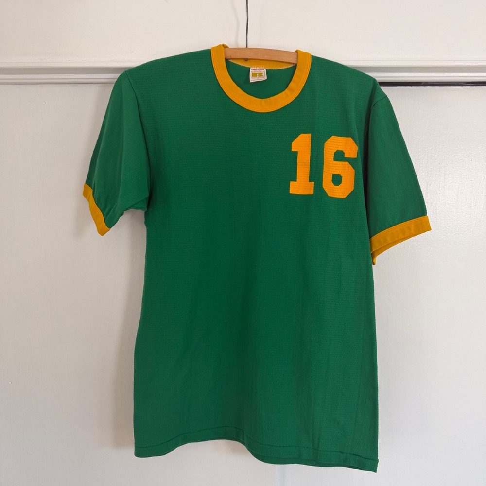 Vintage Russell Athletic Ringer Jersey Green Yellow Number 16 Nylon Large